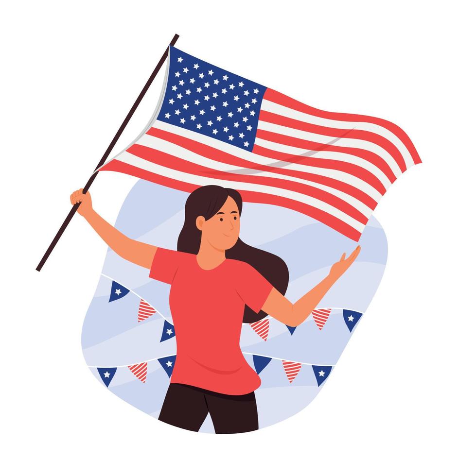 vrouw met de amerikaanse vlag voor de viering van de onafhankelijkheidsdag van 4 juli. vector