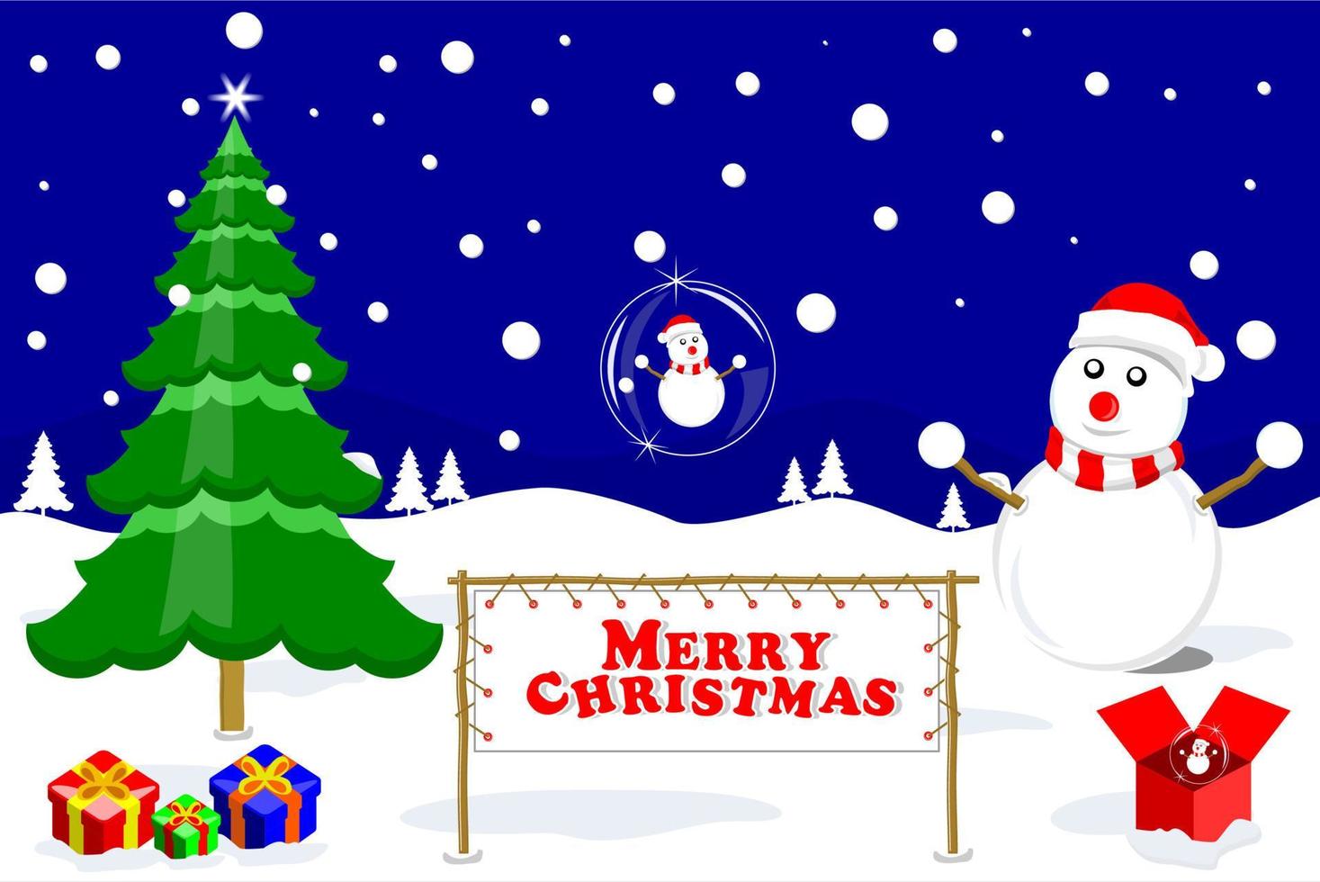 vrolijk kerstfeest en glazen bol met sneeuwpop op blauwe hemelachtergrond, vectorillustratie vector
