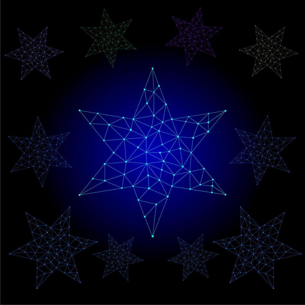 lage veelhoekige gloeiende vijf hoeken ster met staart gemaakt van sterrenbeeld, lijnen, driehoekige vormen. succes, win symbool concept. futuristische draadframe ontwerp vectorillustratie. vector