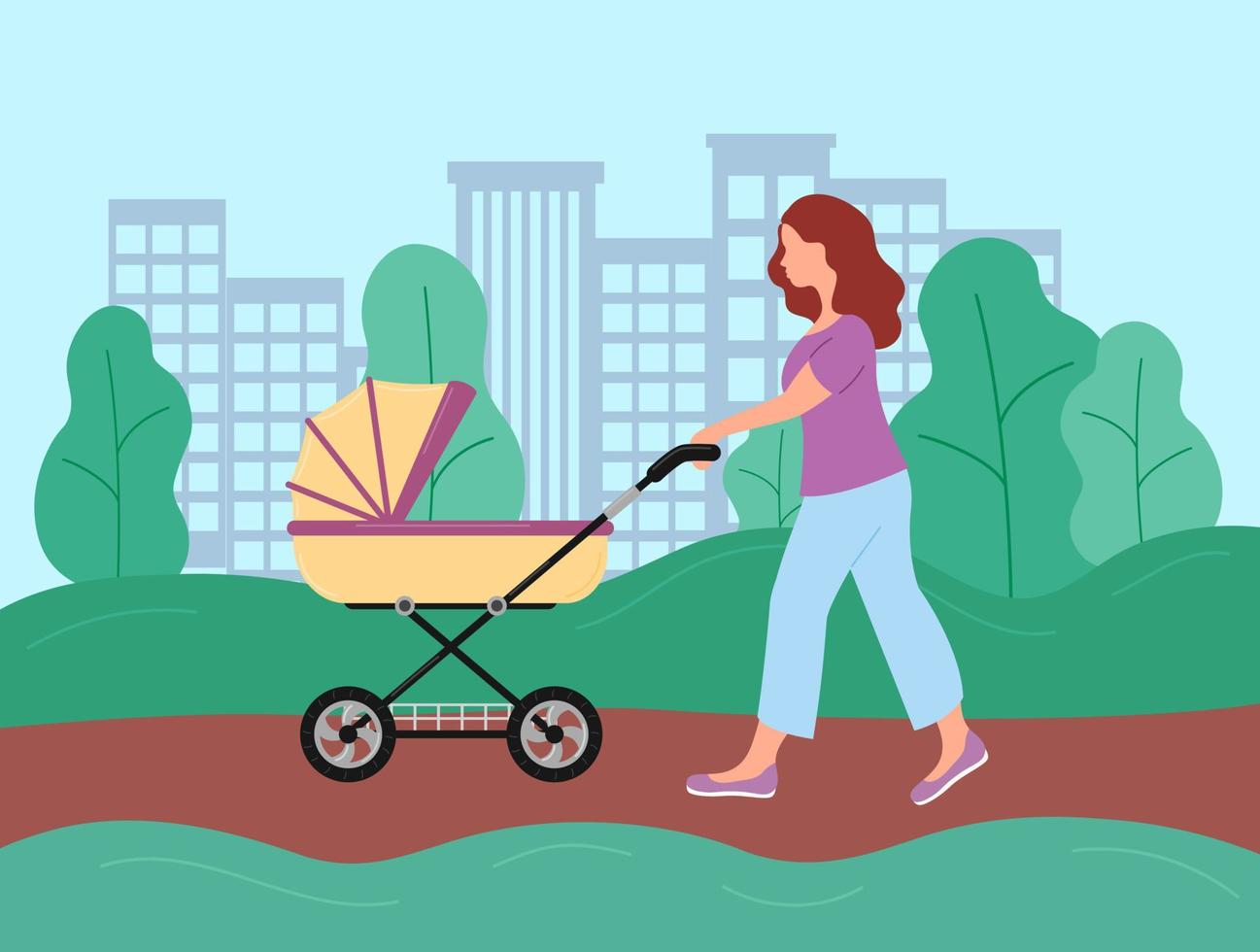 lopen met kinderwagen in de zomer. vrouw duwen kinderwagen voor pasgeboren, vervoer voor klein kind. jonge moeder die met baby in park loopt. platte vectorillustratie vector