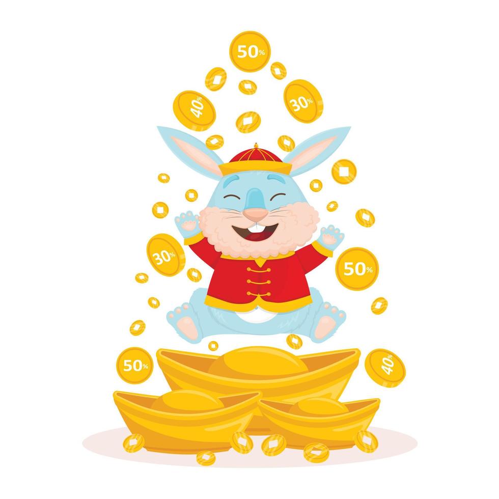 schattig cartoon blauw konijn in een nationaal Chinees kostuum staat in de regen van geld, kortingen en goudstaven vector