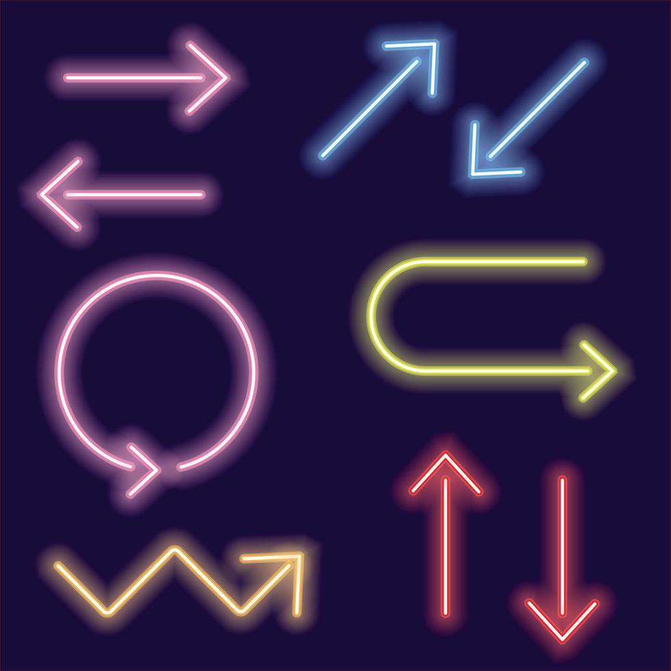 pijl pictogrammen. pijlen vector set met neon gloed effect geïsoleerd op blauwe achtergrond.