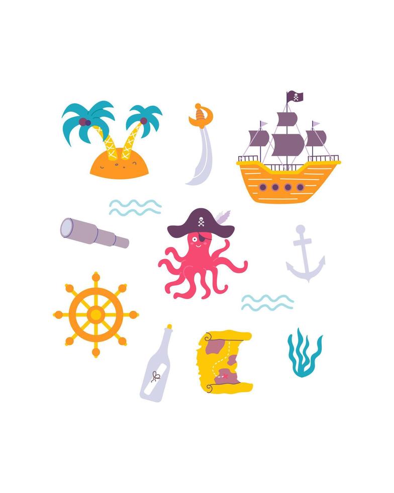 grappige kinder piraten print. octopus, schip, kaart in platte handgetekende stijl. ontwerp voor het ontwerpen van ansichtkaarten, posters, uitnodigingen en textiel vector