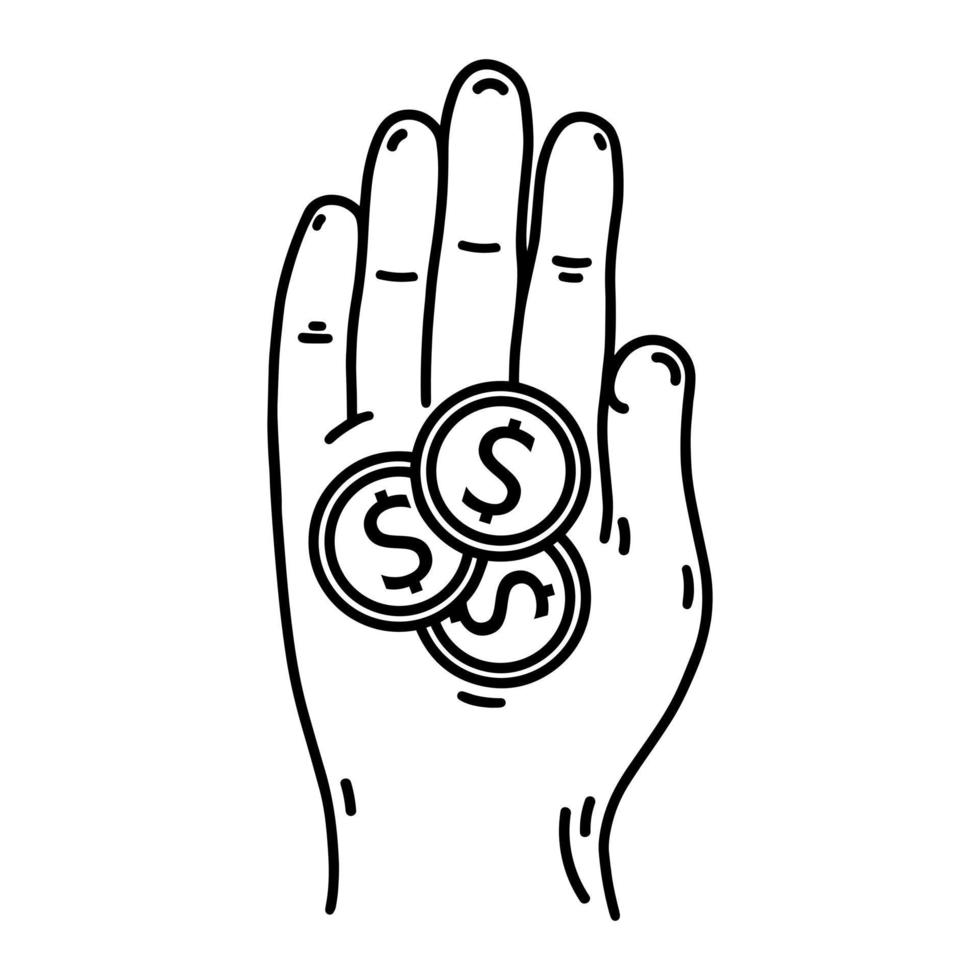 hand met munten vector pictogram. financiële verrichtingsschets - koop, verkoop, krediet. menselijke palm met Amerikaanse dollar-tokens, valuta van de Amerikaanse bank. cent, betalingsteken. illustratie geïsoleerd op wit