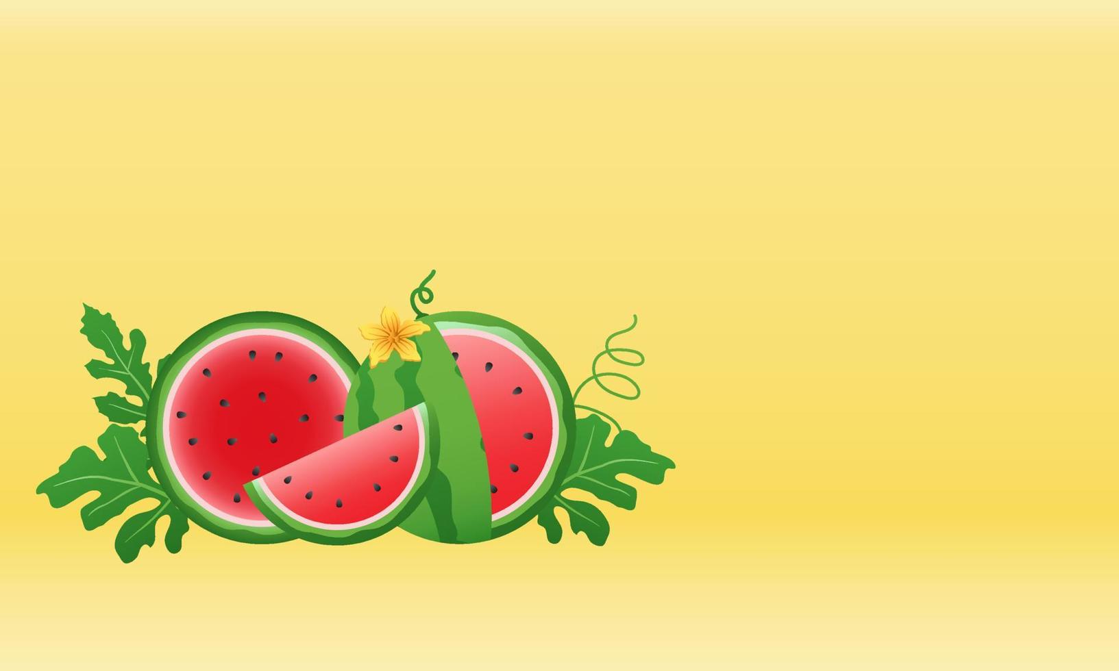 watermeloen en sappige plakjes banner, plat ontwerp van groene bladeren en watermeloen bloem illustratie, vers en sappig fruit concept van zomervoedsel. vector