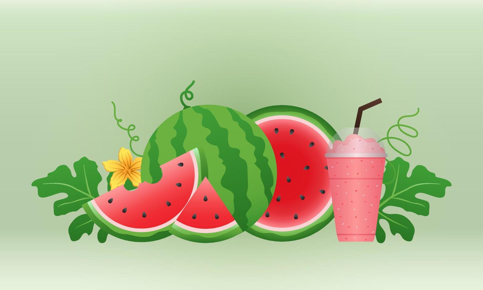 watermeloen en sappige plakjes banner, plat ontwerp van groene bladeren en watermeloen bloem illustratie, vers en sappig fruit concept van zomervoedsel. vector