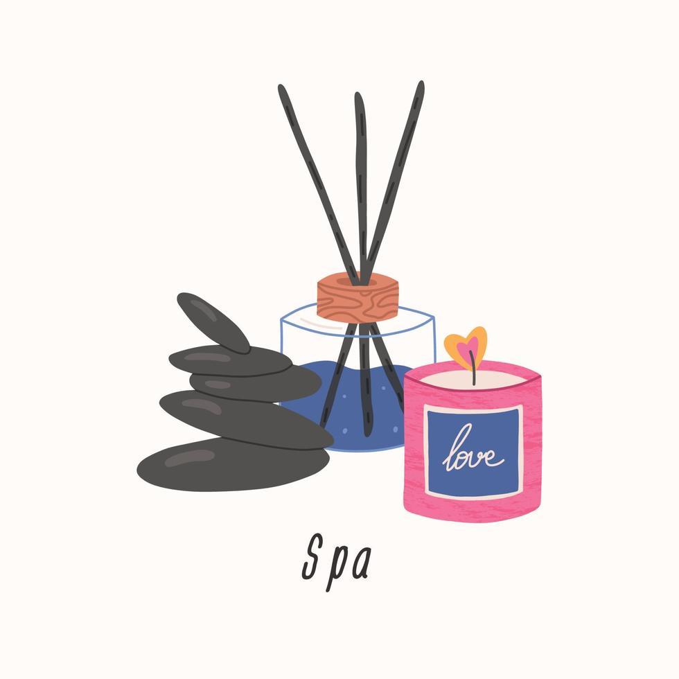 spa- en aromatherapie-elementen - kaars, massagesteen en geurverspreider, platte vectorillustratie geïsoleerd op wit. wellness- en zelfzorgconcept. brandende liefdeskaars, glazen pot met aromastokjes. vector