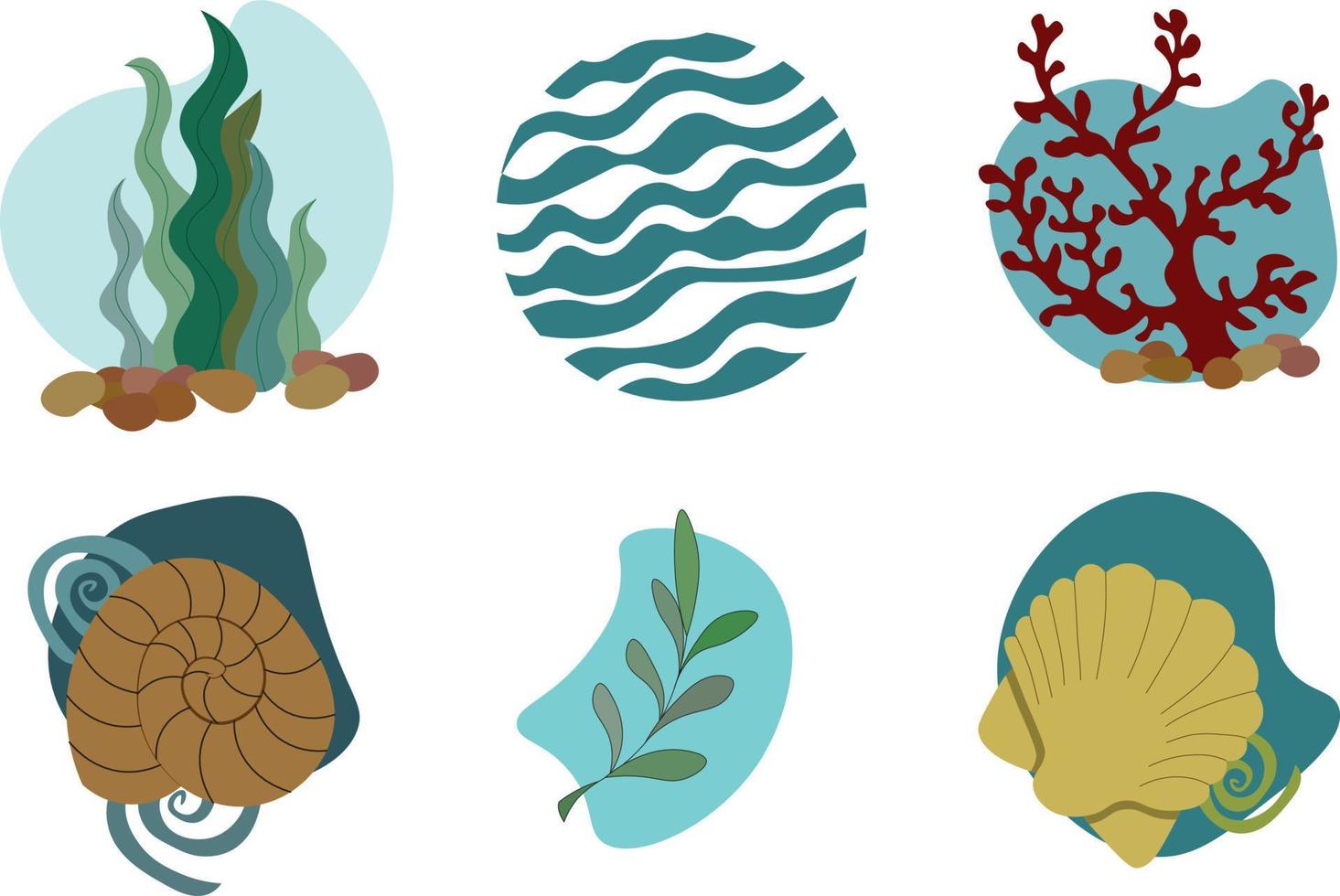 set van zeewier, zeegroenten. platte vectorillustratie, geïsoleerd op wit. zeeplanten, oceaanalgen en aquariumkelp. vector