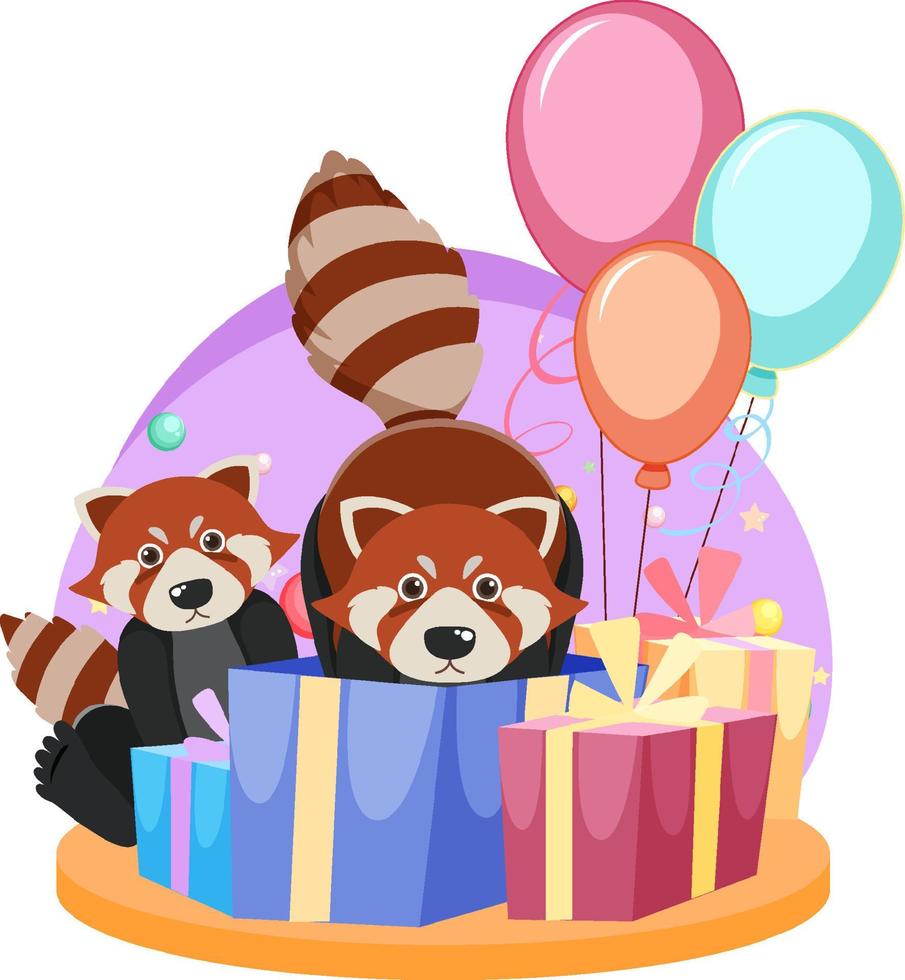 twee rode panda's met geschenkdozen en ballonnen vector