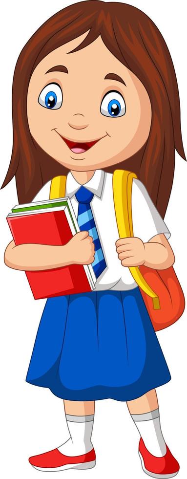 cartoon schoolmeisje in uniform met boek en rugzak vector