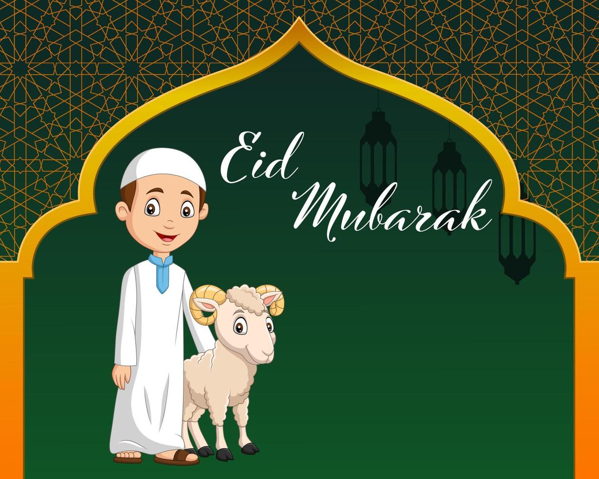 cartoon moslimjongen met geit voor het vieren van eid al adha vector