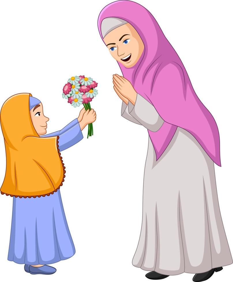 klein meisje geeft een bos bloemen aan haar moeder vector