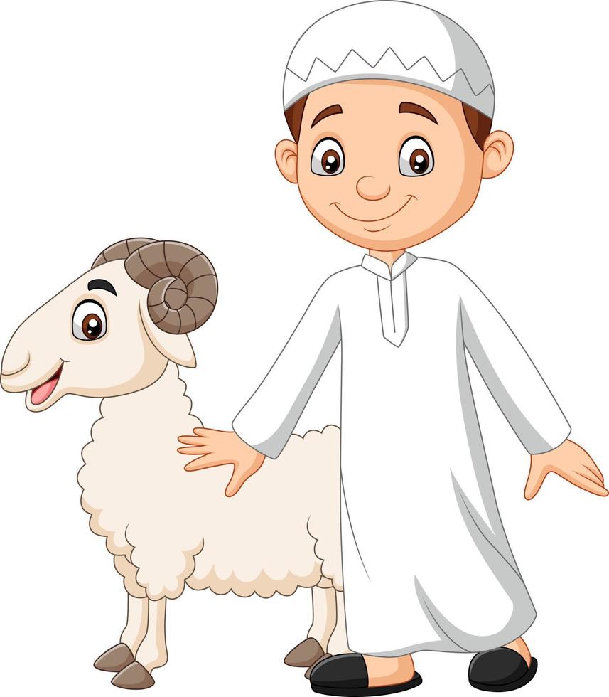 cartoon moslimjongen die een geit vasthoudt vector