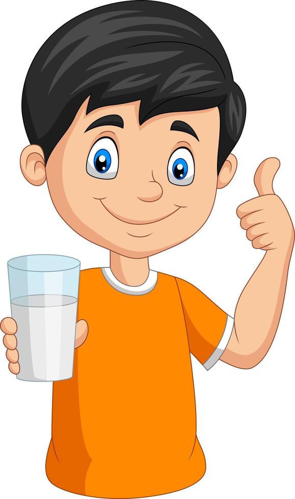 cartoon kleine jongen met een glas melk duim opgevend vector