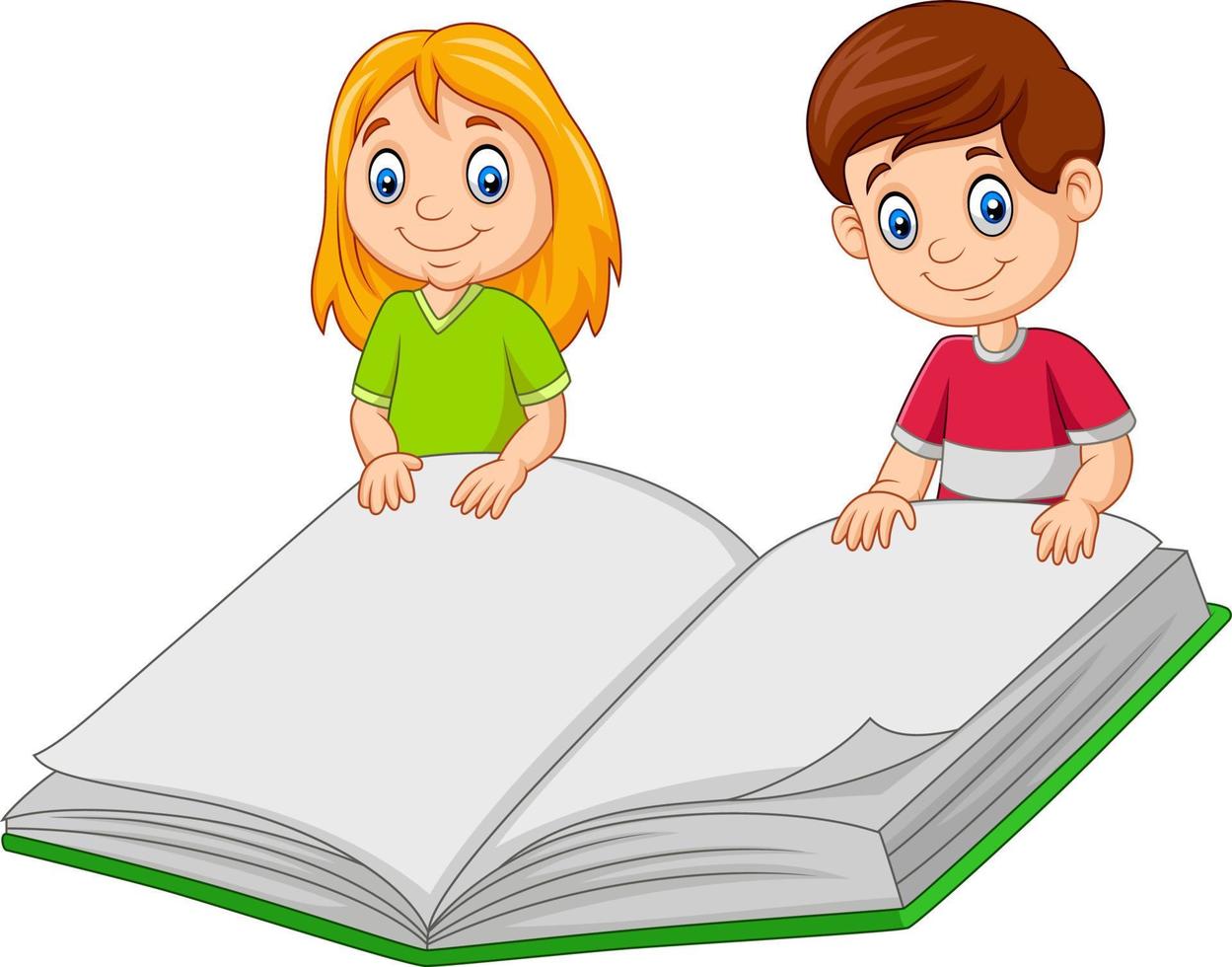tekenfilm jongen en meisje met een gigantisch boek vector