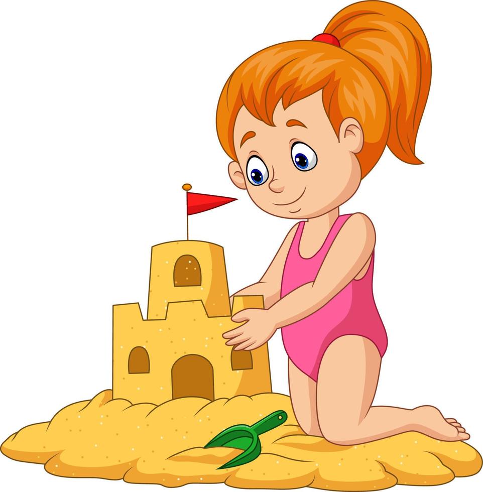 cartoon gelukkig meisje zandkasteel maken vector