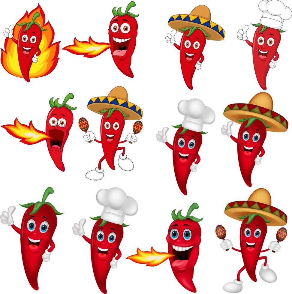 set van rode chili pepers cartoon vector