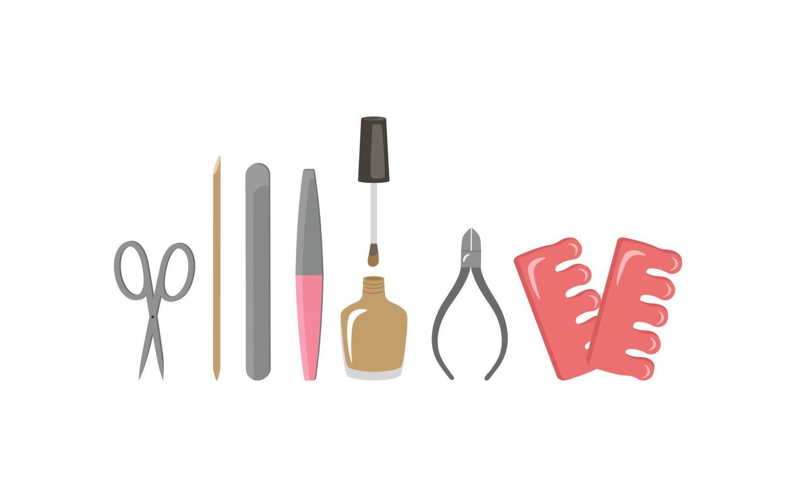 cosmetica en manicure tools. nagellak, nagelvijl, schaar, draadknipper, druivenstok. vectorillustratie, voor designer decor. platte handgetekende stijl vector