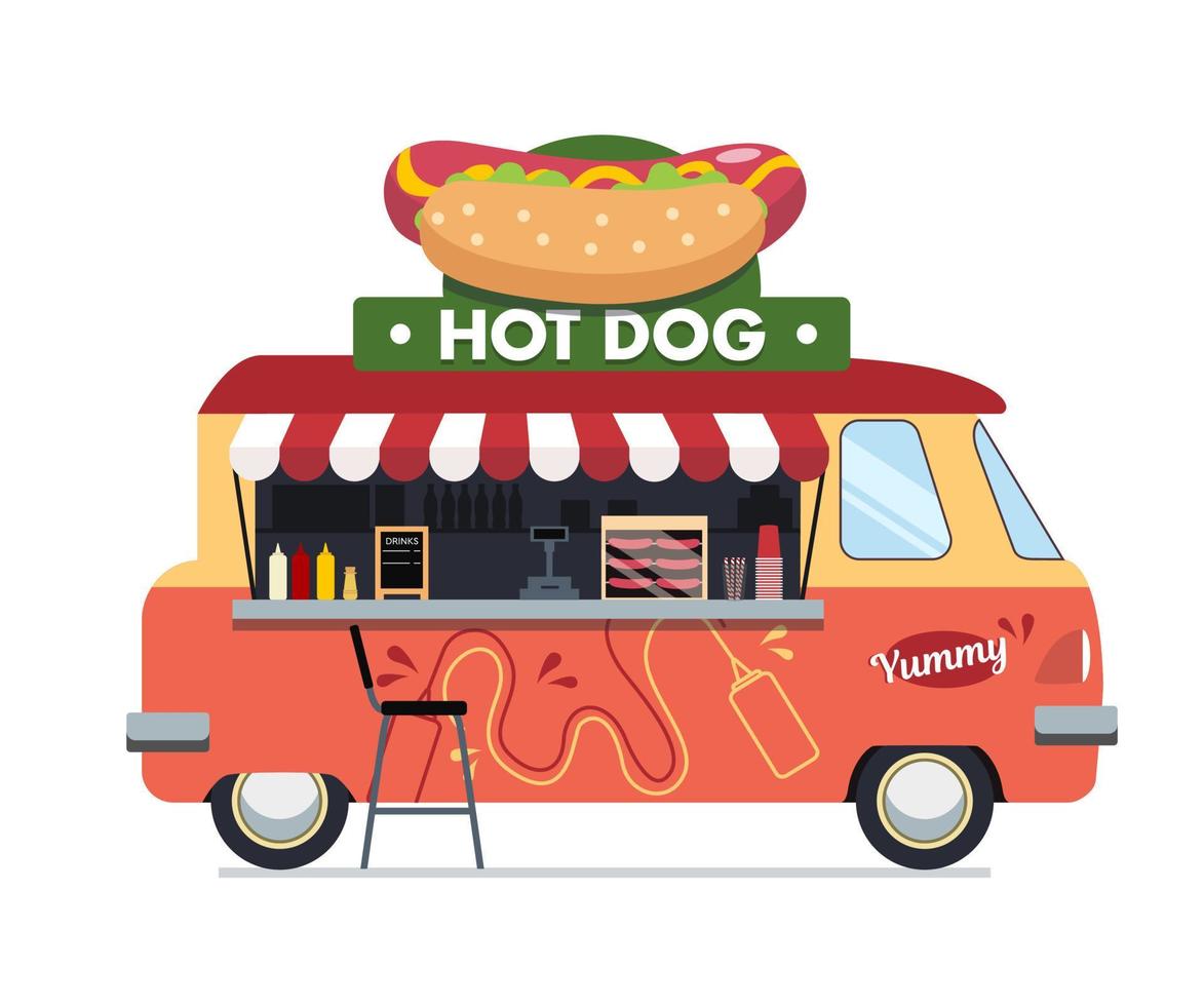 hotdog-voedselwagen - afbeeldingen voor kleine bedrijven. moderne platte vector concept van straatvoedsel vrachtwagen.