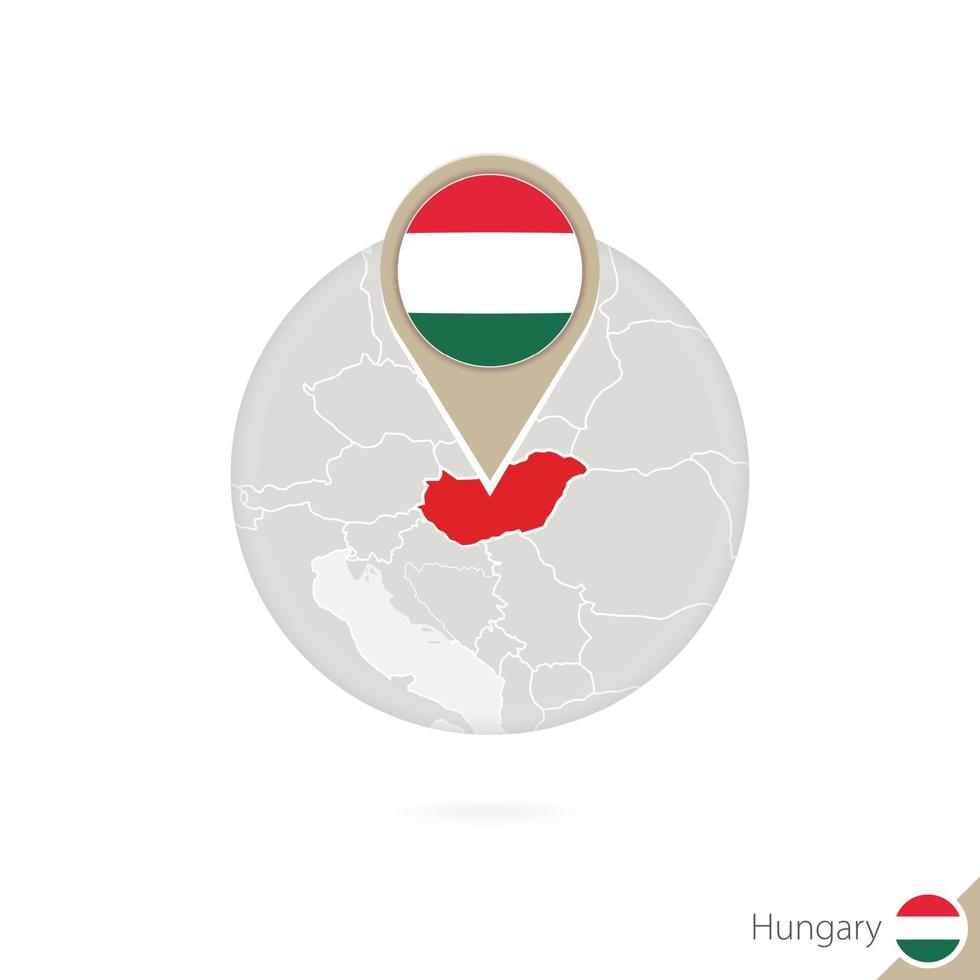 Hongarije kaart en vlag in cirkel. kaart van hongarije, hongaarse vlagspeld. kaart van hongarije in de stijl van de wereld. vector