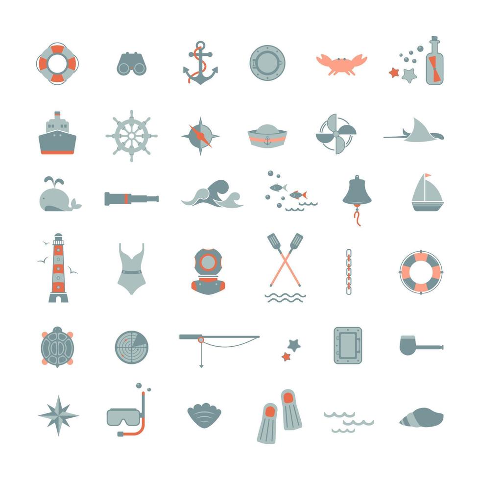vector set van plat pictogrammen op het thema van de zee, navigatie, zee reizen, toerisme, duiken. nautische illustratie van objecten van de zeevaart