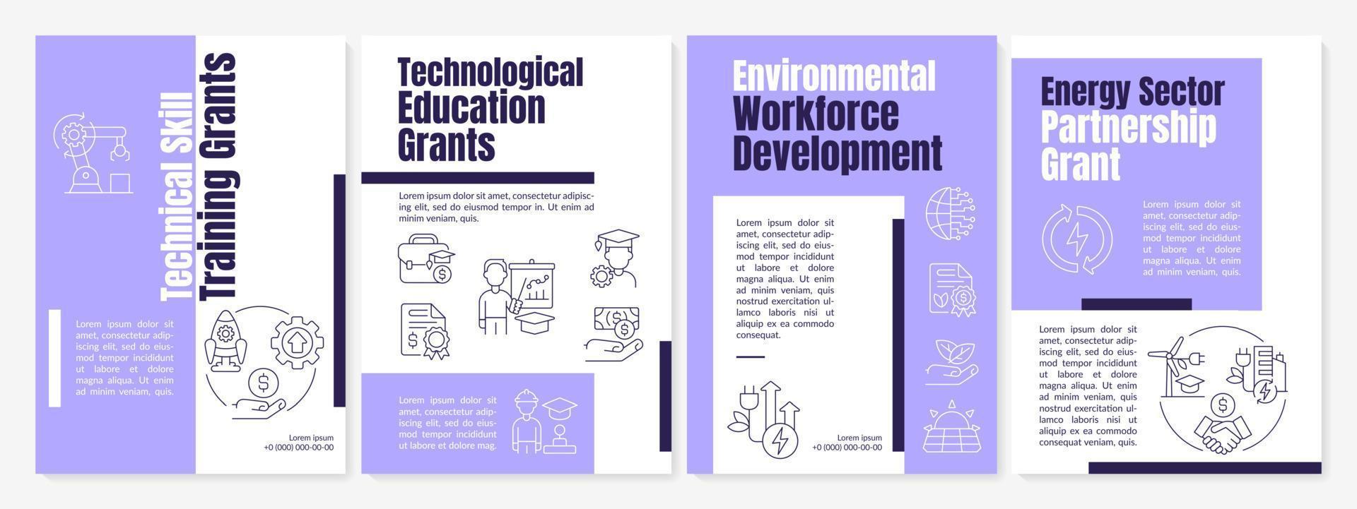 federale subsidies voor technische opleiding paarse brochure sjabloon. kleine onderneming. folderontwerp met lineaire pictogrammen. 4 vectorlay-outs voor presentatie, jaarverslagen. vector