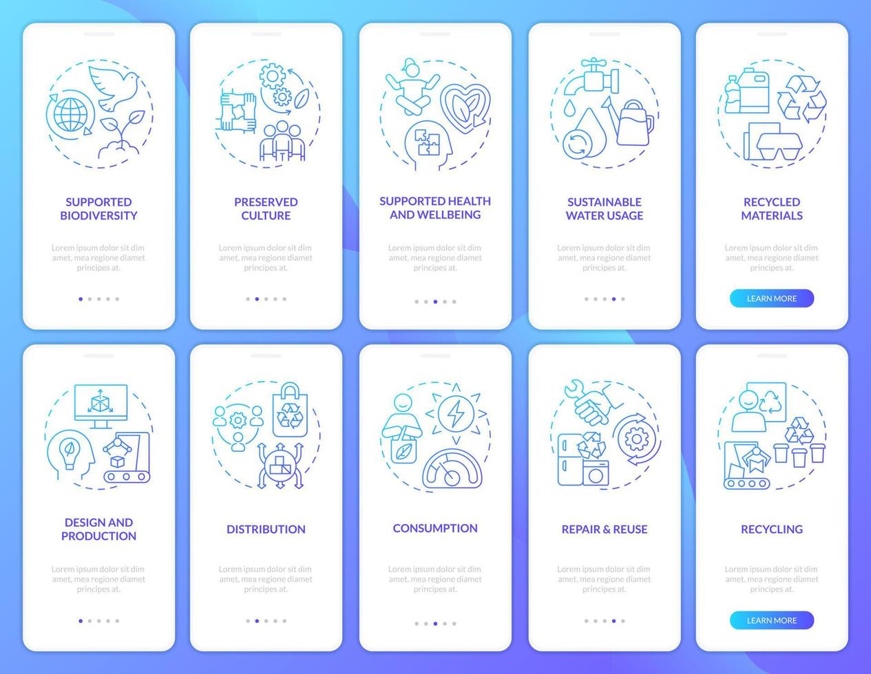 circulaire economie activiteit blauwe gradiënt onboarding mobiele app-schermset. walkthrough 5 stappen grafische instructiepagina's met lineaire concepten. ui, ux, gui-sjabloon. vector