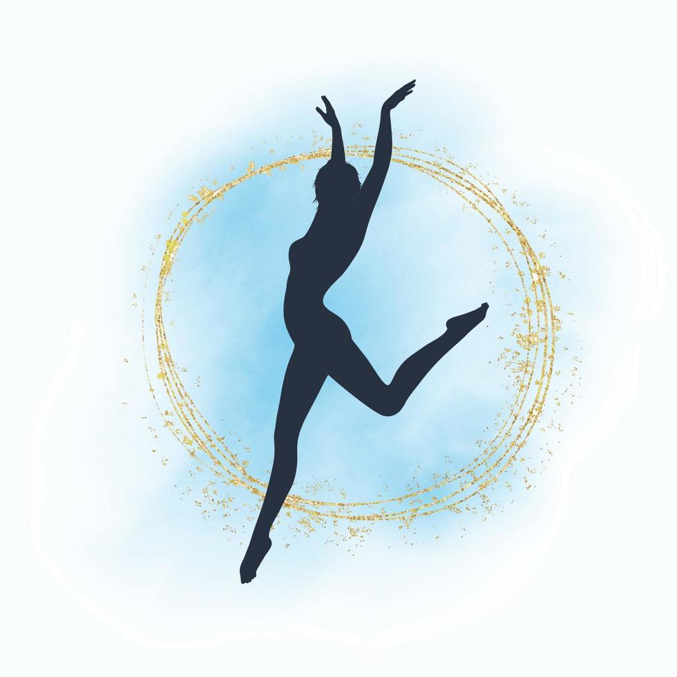 silhouet van een danseres op een aquarelachtergrond met gouden elementen vector