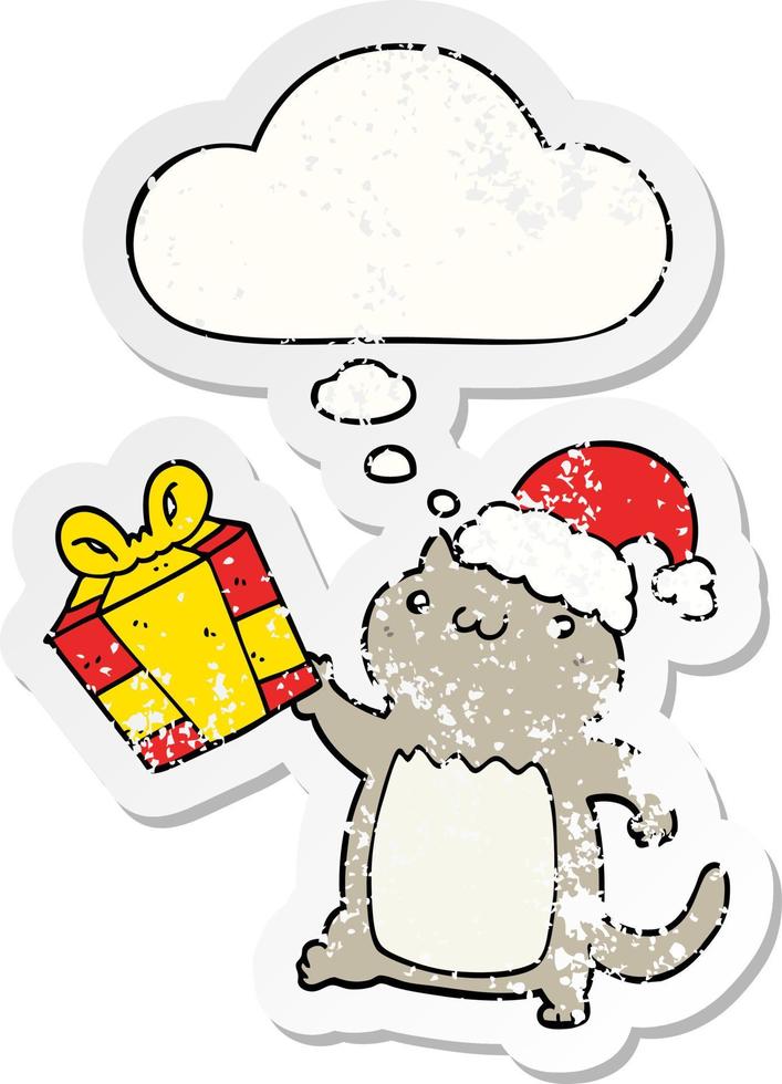 leuke cartoon kerstkat en gedachte bel als een versleten versleten sticker vector