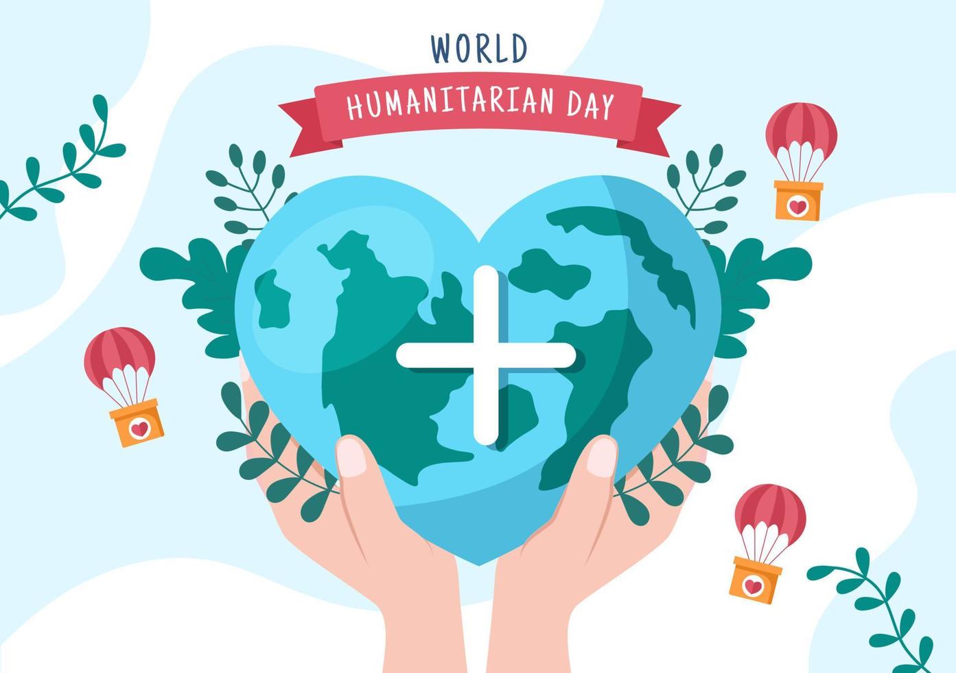wereld humanitaire dag met wereldwijde viering van het helpen van mensen, samenwerken, liefdadigheid, donatie en vrijwilligerswerk in platte cartoonillustratie vector