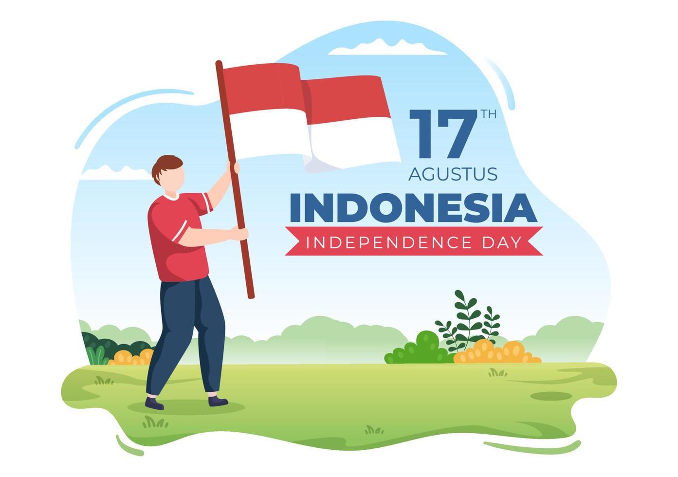Indonesië onafhankelijkheidsdag op 17 augustus met traditionele spelen, vlag rood wit en mensen karakter in platte schattige cartoon achtergrond afbeelding vector