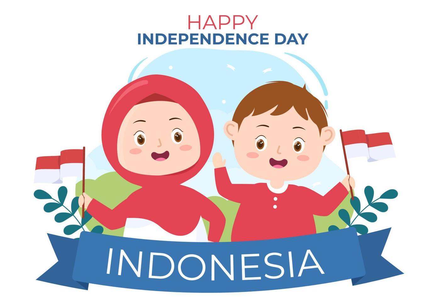 Indonesië onafhankelijkheidsdag op 17 augustus met traditionele spelen, vlag rood wit en mensen karakter in platte schattige cartoon achtergrond afbeelding vector