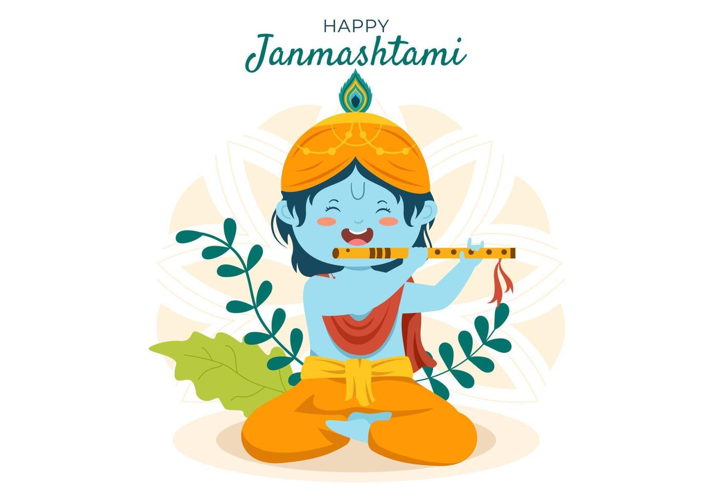 gelukkig krishna janmashtami festival van india met bansuri en fluit, dahi handi en pauwenveer in platte schattige cartoon afbeelding als achtergrond vector