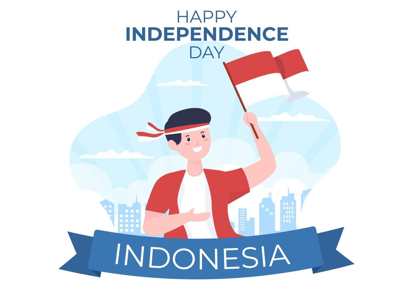 Indonesië onafhankelijkheidsdag op 17 augustus met traditionele spelen, vlag rood wit en mensen karakter in platte schattige cartoon achtergrond afbeelding vector