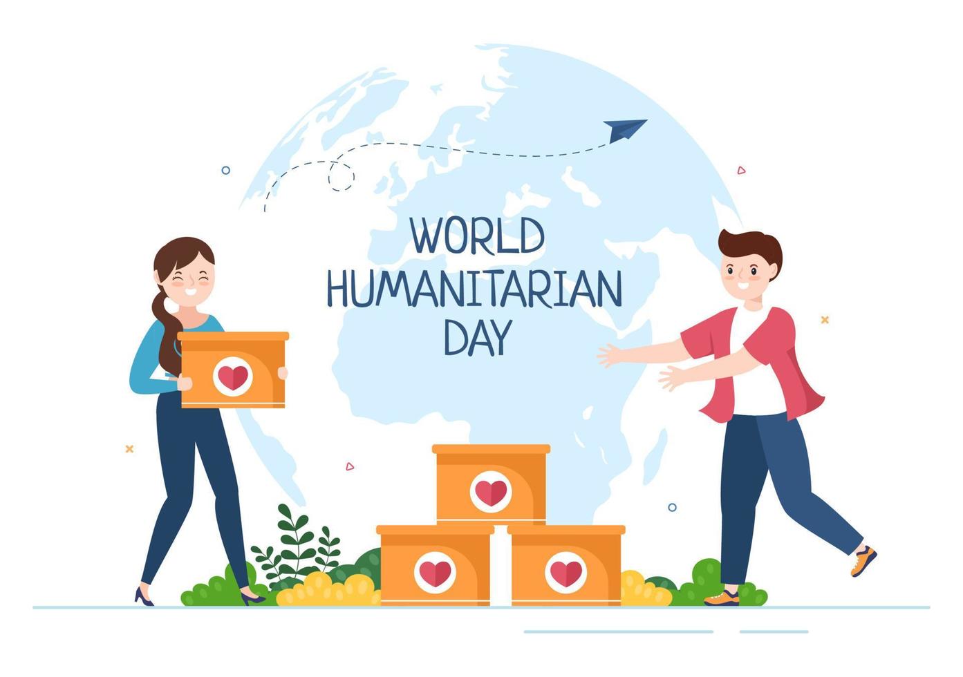 wereld humanitaire dag met wereldwijde viering van het helpen van mensen, samenwerken, liefdadigheid, donatie en vrijwilligerswerk in platte cartoonillustratie vector