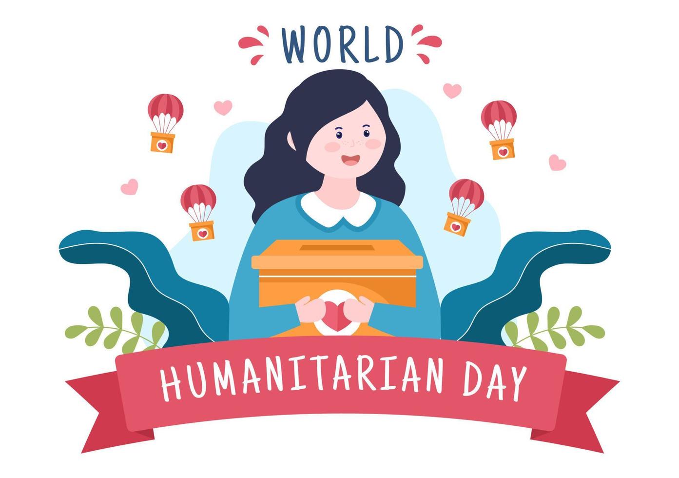 wereld humanitaire dag met wereldwijde viering van het helpen van mensen, samenwerken, liefdadigheid, donatie en vrijwilligerswerk in platte cartoonillustratie vector