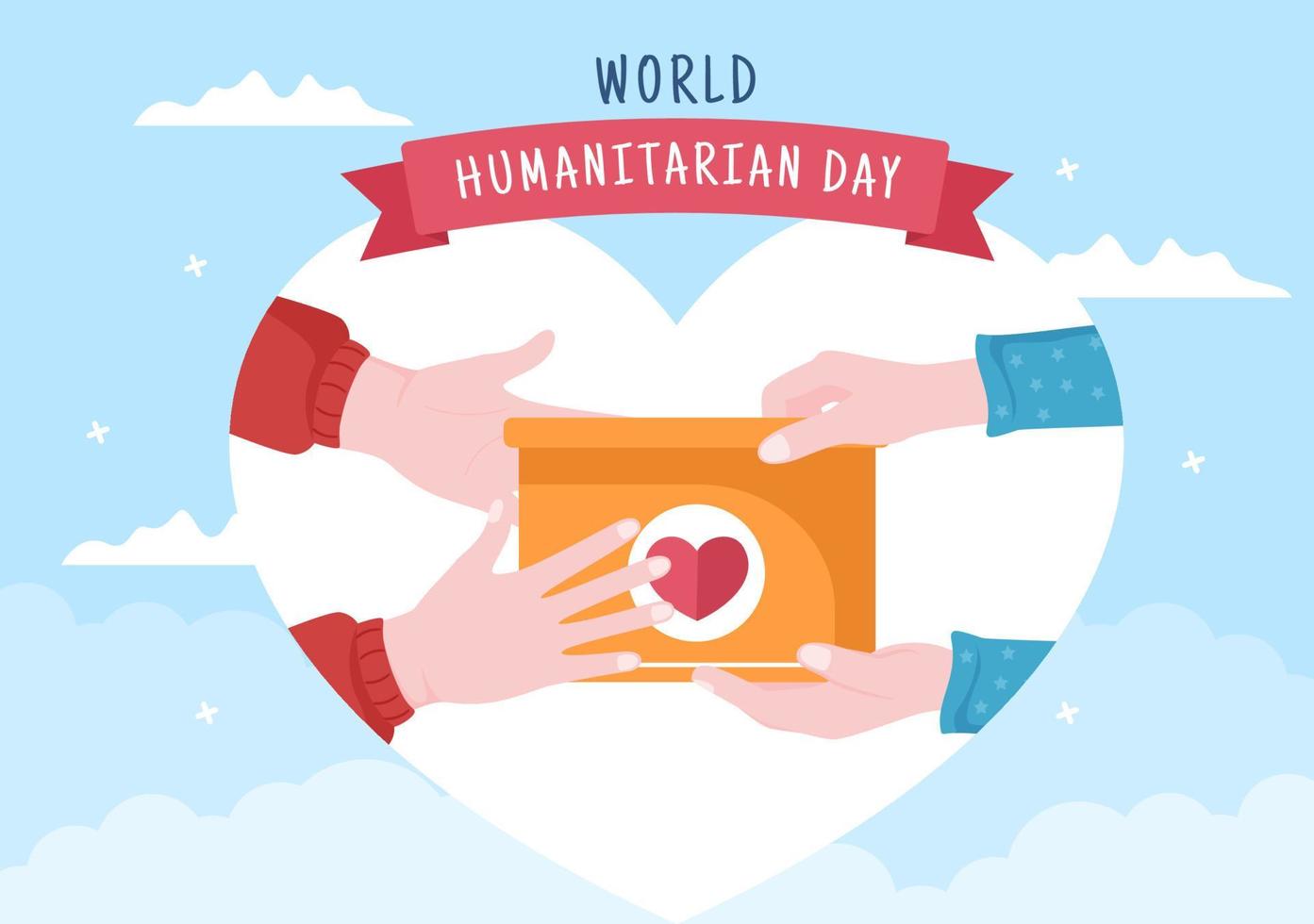 wereld humanitaire dag met wereldwijde viering van het helpen van mensen, samenwerken, liefdadigheid, donatie en vrijwilligerswerk in platte cartoonillustratie vector