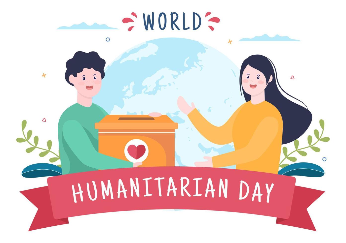 wereld humanitaire dag met wereldwijde viering van het helpen van mensen, samenwerken, liefdadigheid, donatie en vrijwilligerswerk in platte cartoonillustratie vector