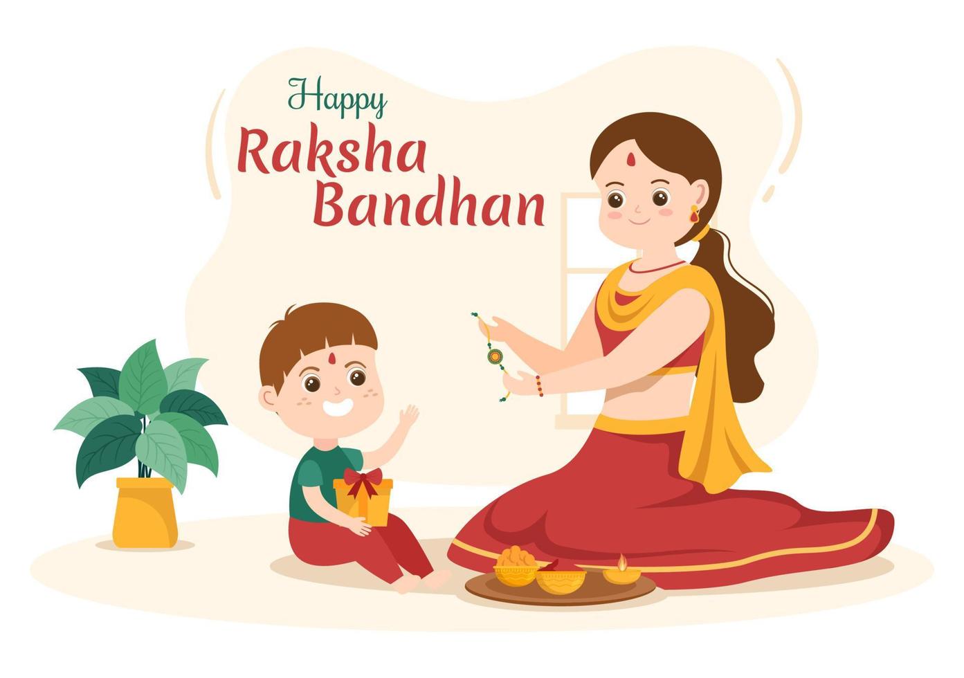 gelukkige raksha bandhan cartoon afbeelding met zus die rakhi om de pols van haar broers bindt om de band van liefde in de viering van het Indiase festival aan te duiden vector