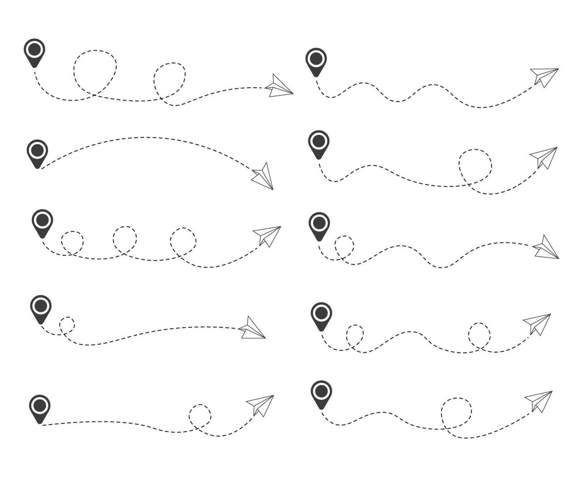 set van gestippelde lijn papieren vliegtuigroute vector