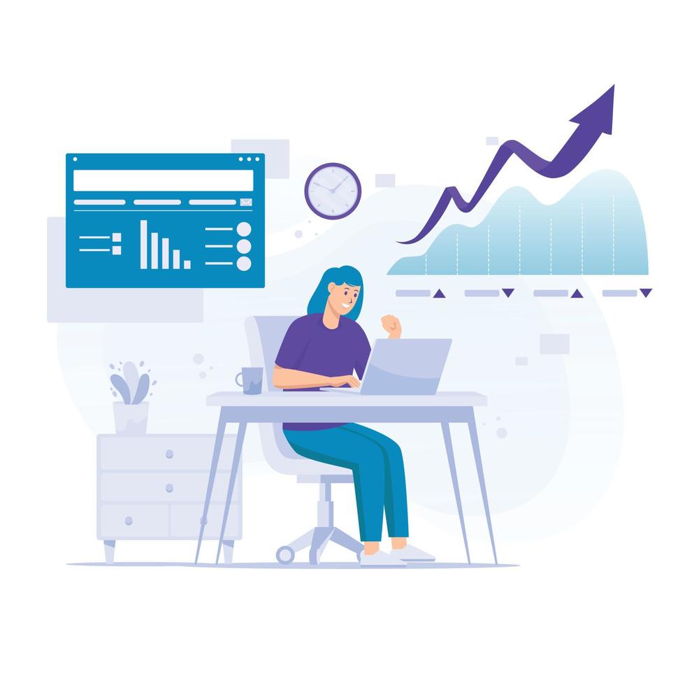 marketing groei vrouw op het bureau met laptop mensen vlakke afbeelding vector