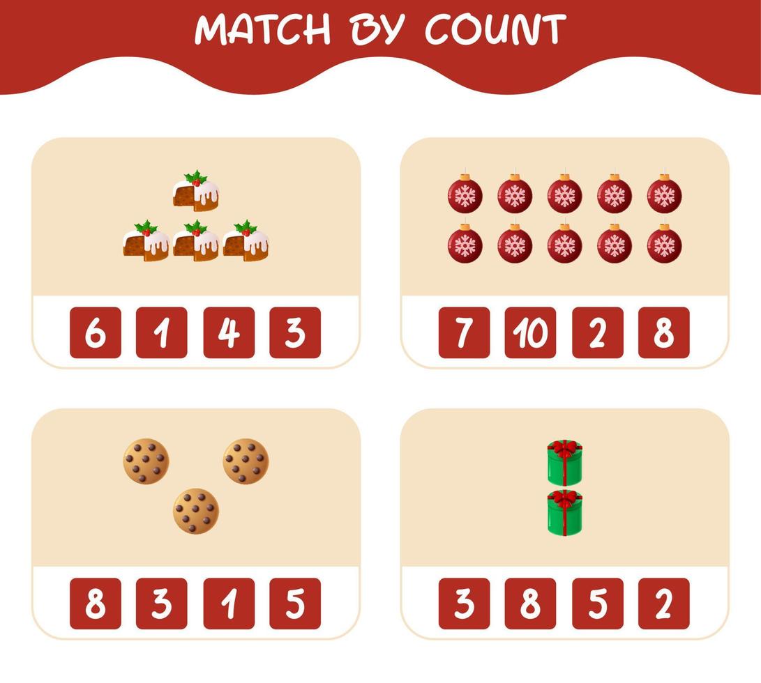 match door telling van cartoon kerst. . match en tel spel. educatief spel voor kleuters en peuters vector