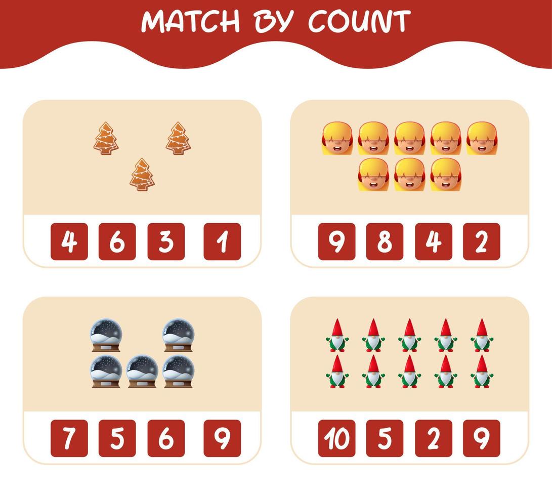 match door telling van cartoon kerst. . match en tel spel. educatief spel voor kleuters en peuters vector