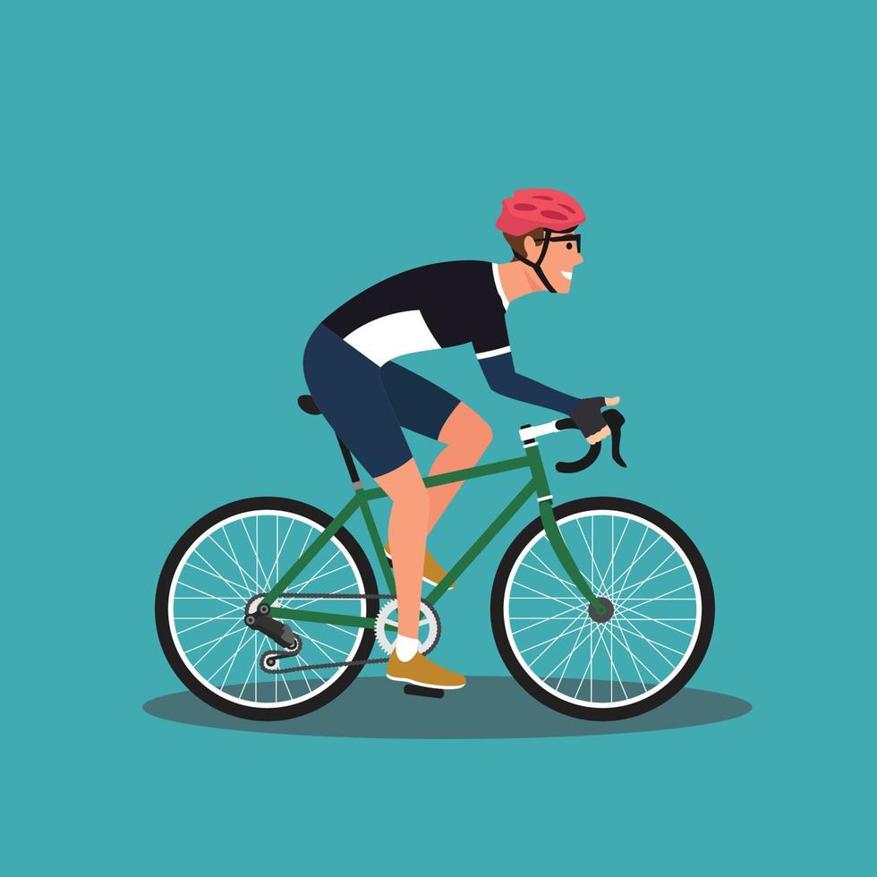 hipster mannelijke fiets. jonge man fietser geïsoleerd op een witte achtergrond. stijlvolle man op fiets platte vectorillustratie met helm vector