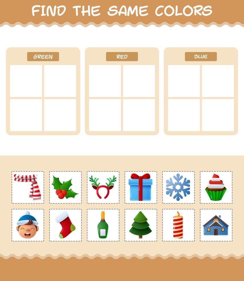 vind dezelfde kleuren van Kerstmis. zoek- en matchspel. educatief spel voor kleuters en peuters vector