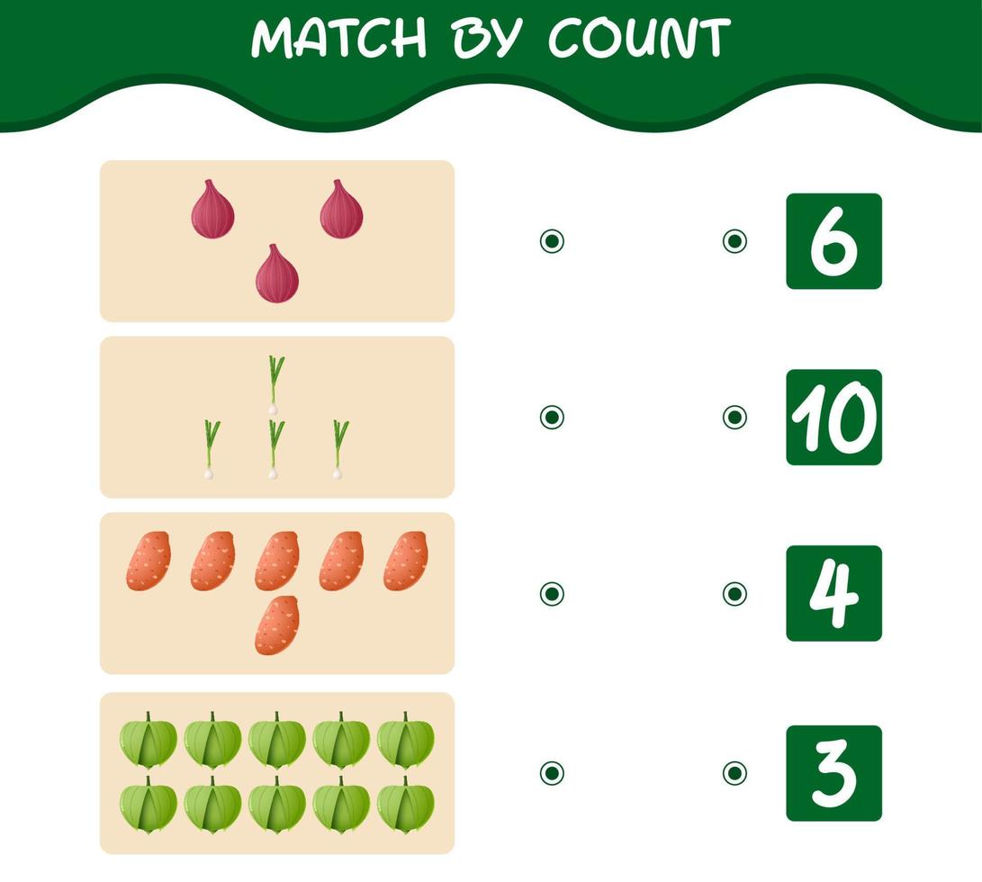 match door telling van cartoon groenten. match en tel spel. educatief spel voor kleuters en peuters vector