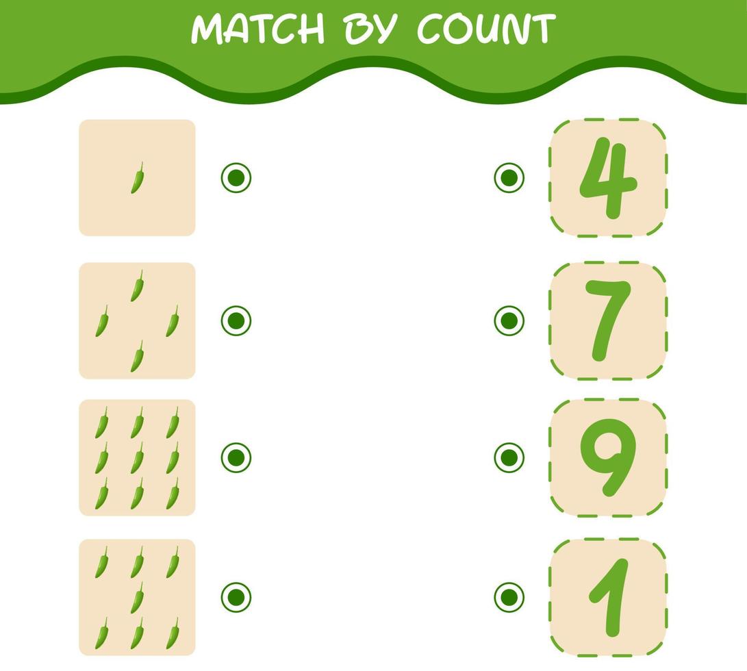 match door telling van cartoon groene chili. match en tel spel. educatief spel voor kleuters en peuters vector