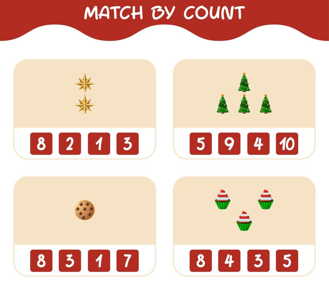 match door telling van cartoon kerst. . match en tel spel. educatief spel voor kleuters en peuters vector