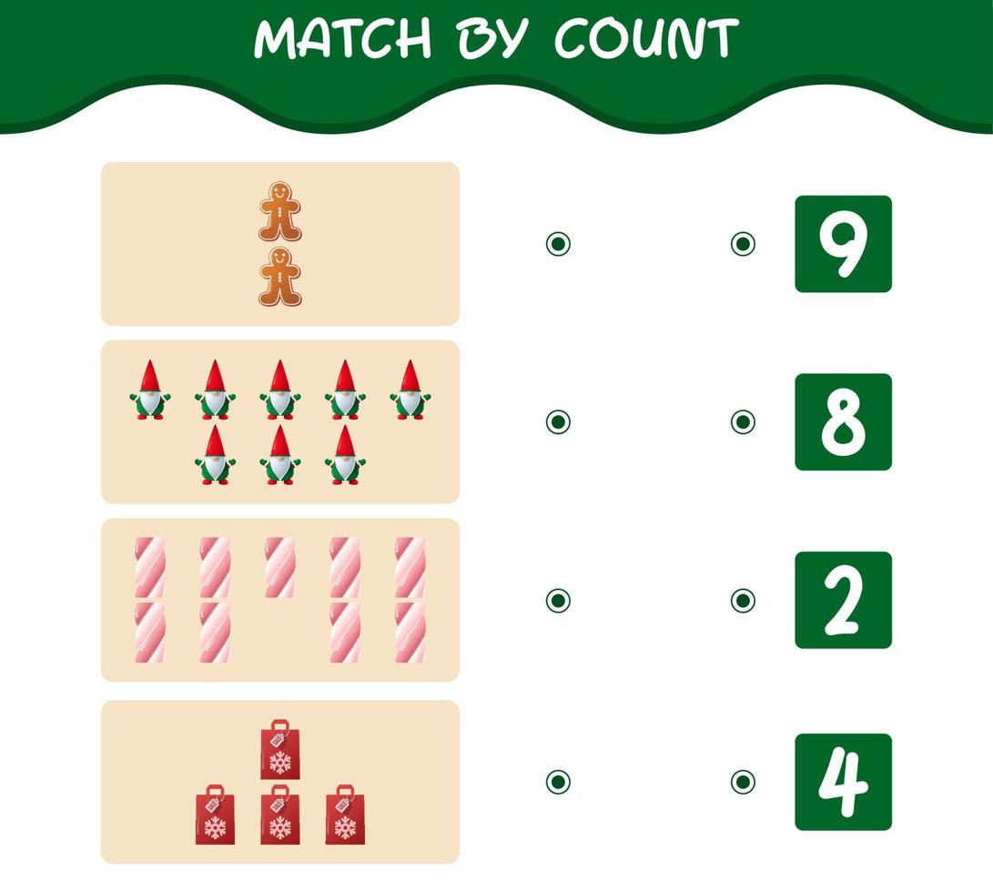 match door telling van cartoon kerst. . match en tel spel. educatief spel voor kleuters en peuters vector