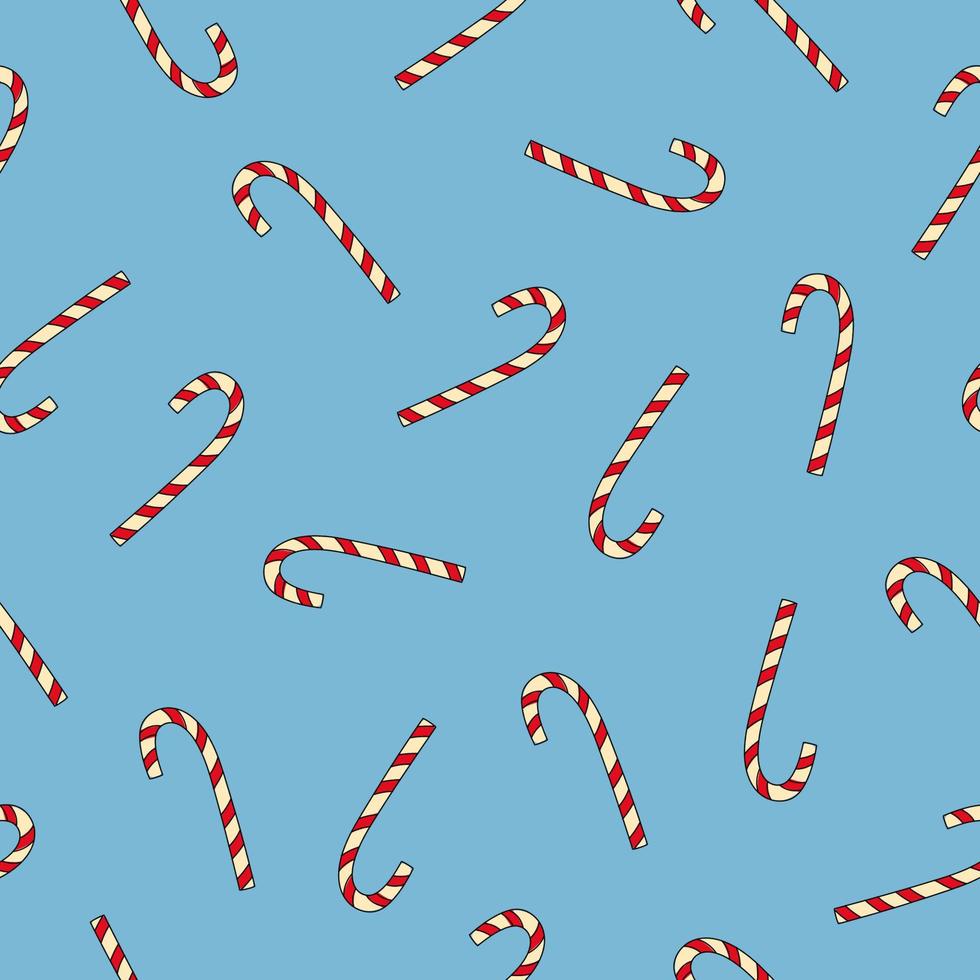 kerst candy cane naadloze patroon op blauwe achtergrond. doodle stijl. lijn kunst. achtergrond voor wenskaart op Kerstmis en Nieuwjaar vector